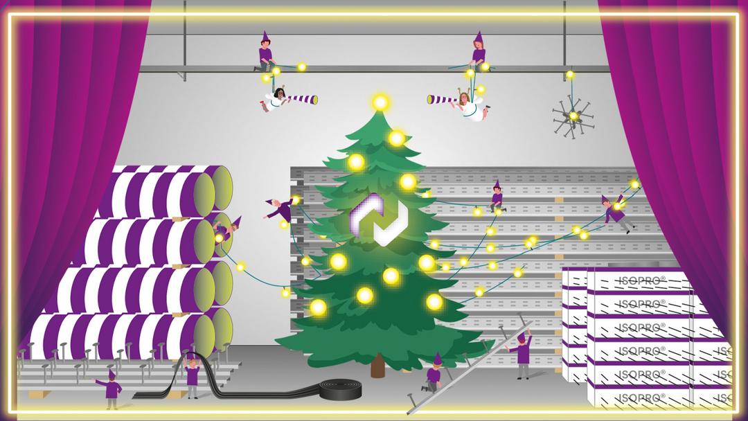 Eine Grafik mit Weihnachtswichteln in Pohlcon-Farben und einem Weihnachtsbaum in der Mitte.