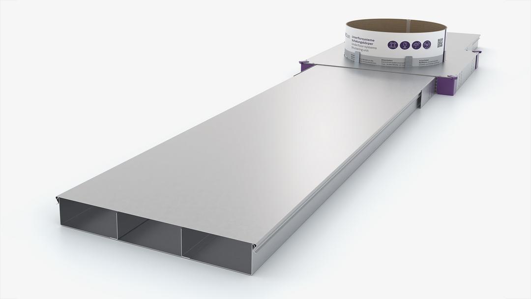 Unterflurkanal aus Metall mit runder Bodendose für Strom und Daten